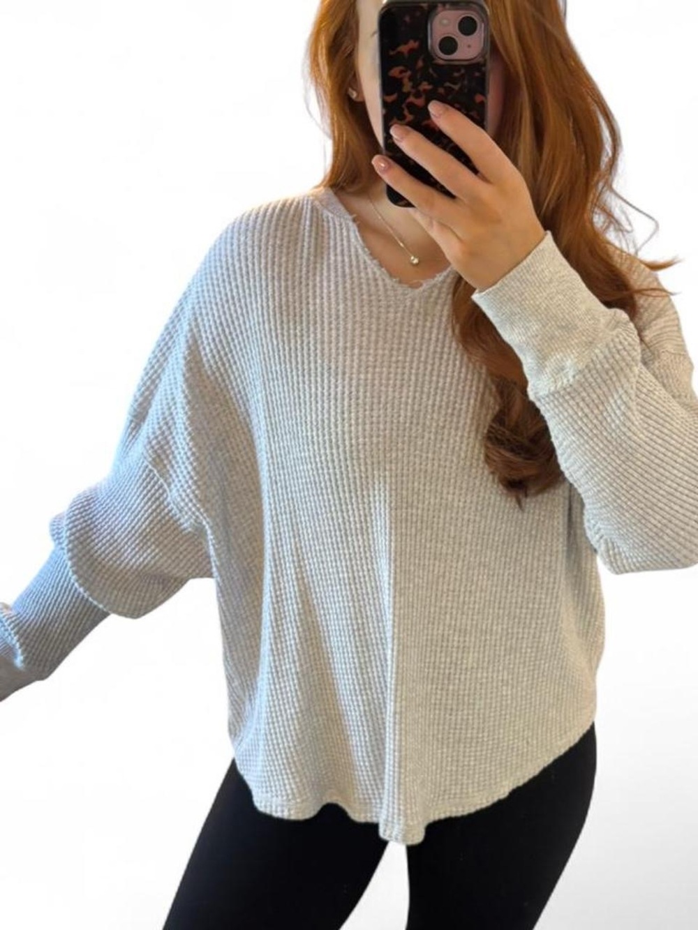 Aerie Cozy Waffle Knit V-Neck Pullover - Light Heather Gray